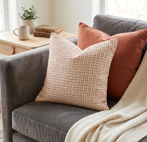 SanVia Cotton Throw Pillow Covers 20x20 – Handwoven Jacquard Texture, Fade-Resistant, No Pilling – Hidden Zipper, Decorative Cushion Cover for Sofa, Couch, Bed – Insert Not Included (Farmhouse, Red) - color: Brick Red, size: 20" x 20"