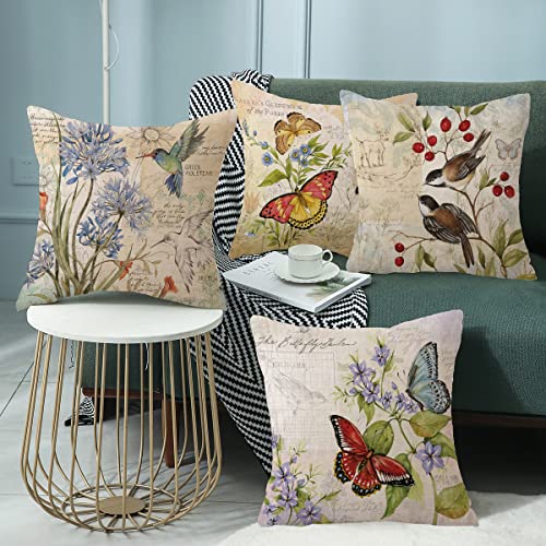 wyooxoo Farmhouse Pillow Covers 16x16 Set of 4 Spring Summer Throw Pillow Covers Linen Flower Butterfly Bird Decorative Pillowcases for Sofa Couch Living Room Outdoor - color: Color C, size: 16" x 16" (Pack of 4)