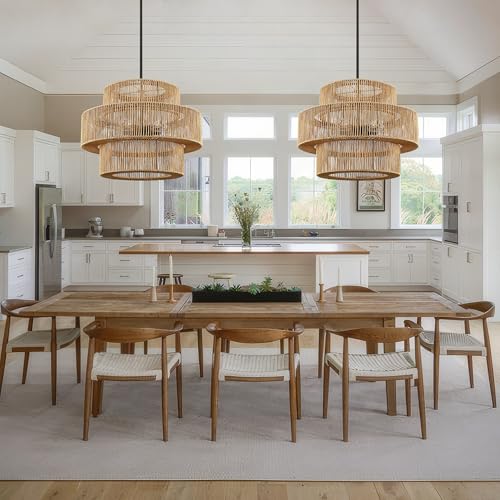 25.59" Large Hand-Woven Rattan Chandelier, 6 Lights Farmhouse Boho Chandelier Light Fixtures, Rustic Bamboo Wicker Chandeliers for Dining Room, Kitchen Island, Living Room, Stairway - color: Beige, size: 25.59 Inch