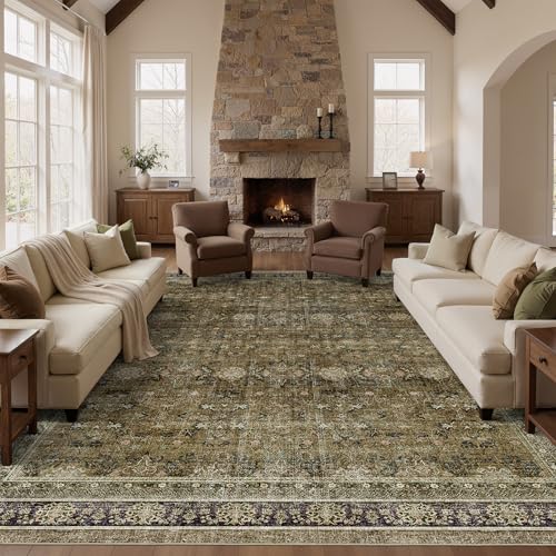 WITSHOCK 11x15 Area Rugs for Living Room - Washable Vintage Rug Retro Antique Dark Large Non Slip Low Pile Soft Boho Indoor Floor Carpet for Bedroom Dining Room Home Decor, Brown Olive Green - color: Brown/Olive Green/Purple, size: 11' x 15' (Rectangular)
