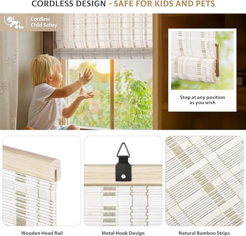 LazBlinds Cordless Bamboo Blinds, Light Filtering Hanging Window Shades, Whitewash Bamboo Roll Up Shades for Indoor/Outdoor Windows - color: Whitewash B, size: Custom Size
