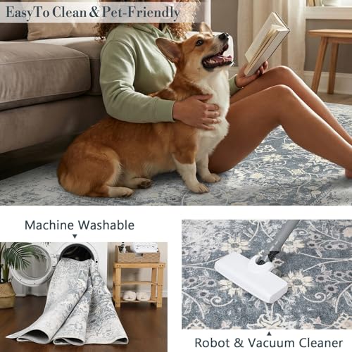 Area Rug 5x7 for Living Room - Machine Washable Rugs for Bedroom Kids Room - Vintage Stain Resistant Non Slip Low Pile Carpet for Dinning Room Farmhouse Home Office - color: Vintage Blue, size: 5' x 7' (Rectangular)
