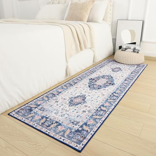 Amearea Vintage Design Runner Rugs for Living Room, 2x6 Machine Washable Floral Collection Traditional Bedroom Rug, Low Pile Cute Kids Room Print Carpet, No Slip Office Kitchen Home Decor, Blue - color: Blue, size: 2' X 6' (Runner)