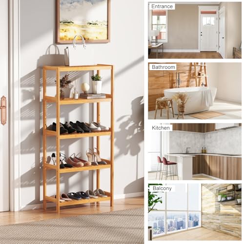 kinbor 5-Tier Bamboo Bathroon Shelf - Multifunctional Bamboo Rack Storage Shelving Rack Utility Shelf for Bathroom Kitchen Living Room - size: 5-Tier