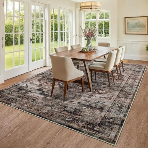 GarveeHome Washable Area Rug 3x5 Vintage Living Room Rug Floral Rugs Carpet Stain Resistant Distressed Rugs Indoor Floor Cover for Bedroom Dining Room Home Office Brown - color: Brown, size: 3' x 5' (Rectangular)