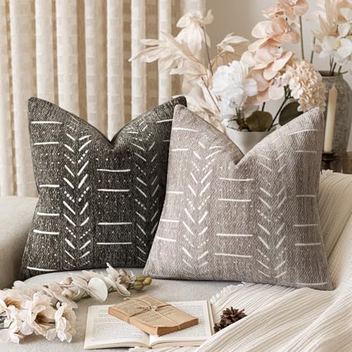 Home Décor Decorative Boho Accent Chenille Throw Pillow Covers,Textured Neutral Cushion Covers,Soft Farmhouse Pillowcase for Couch Sofa Chair Bed Living Room,18×18 Inch, Set of 2, Light Taupe - color: Plaza Taupe, size: 18" x 18" (Pack of 2)