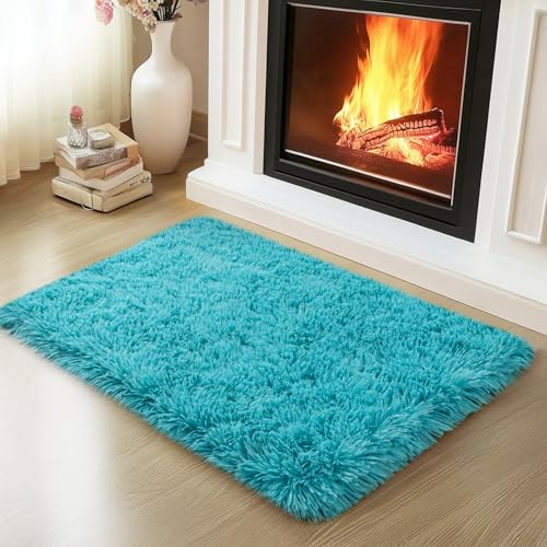 Mugorn 2x3 Rugs for Bedroom, Fluffy Area Rugs for Living Room, Soft Shag Kids Rug Small Carpet with 4 Non-Slip Rug Pads (Turquoise Blue, 2ft x 3ft) - color: Turquoise Blue, size: 2ft X 3ft