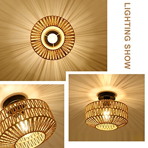 Boho Light Fixtures Ceiling Mount,Mini Rattan Chandelier Light Fixture with Dimmable LED Bulb,Hand Woven Ceiling Light Fixtures Flush Mount for Hallway Bedroom Kitchen Entryway Living Room - color: B-brown