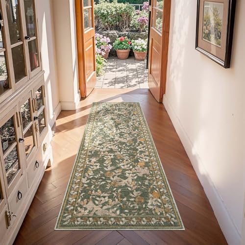 jinchan Eden Floral Washable Runner Rug 2x6 Vintage Hallway Rug Non-Slip Lightweight Soft Thin Kitchen Low Pile Distressed Orange Green Carpet for Bathroom Laundry Room Bedroom Entryway - color: Eden Green, size: 2' x 6' (Runner)