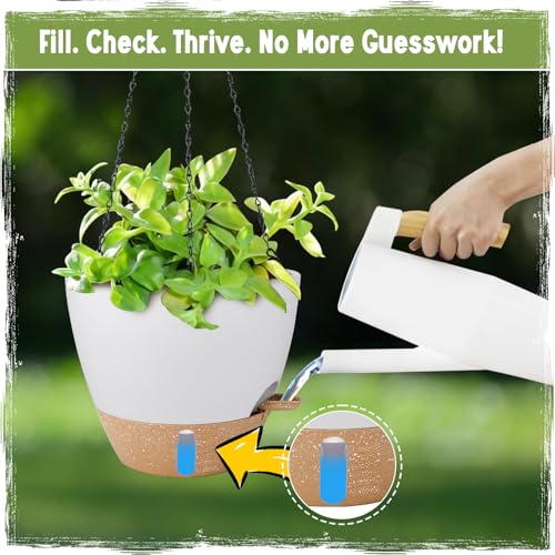 Self-Watering Hanging Planters with Water Level Window, 8/10 Inch Indoor Outdoor Hanging Plant Pots Includes Chain Hangers with Drainage Holes & Detachable Reservoir (White, 8+10 inch) - color: White