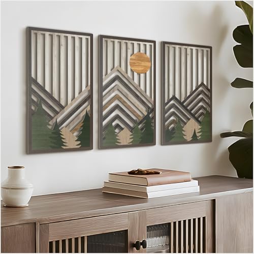 VIYYIEA Boho Solid Wood Carved Wall Art Set of 3, Geometric Minimalist Wooden Home Decor Panels, Handcrafted Solid Wood Wall Hanging for Living Room Bedroom Hallway, 16 x 8 Inch Each (Sunrise Green) - color: Sun Rise