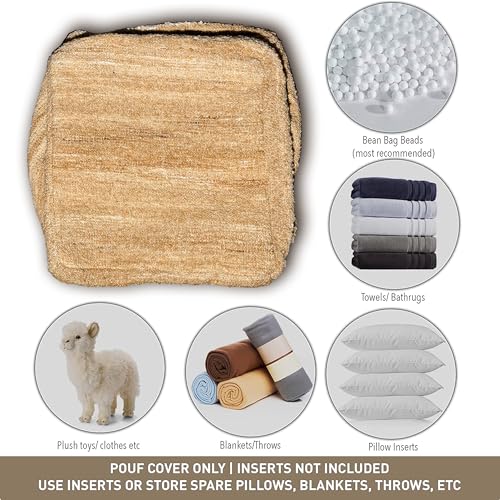 Chardin home Unstuffed Pouf Ottoman Cover, DIY Fillable Floor Pouf with Storage, Indoor Outdoor Square Ottoman, Footrest, Boho Decorative Floor Pillow, Small Accent Seat,16.5" x 16.5"x 12.9", Beige - color: Beige, size: 16.5"D x 16.5"W x 12.9"H