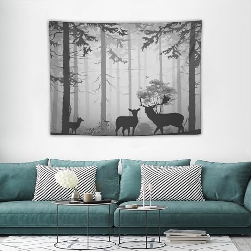 ZhiRain Deer Tapestry Wall Hanging Foggy Forest Nature Wildlife Retro Rustic Cabin Art Printed Tapestries Home Decor for Living Room Bedroom Farmhouse Apartment Dorm 30"x40" - color: Cabin-15, size: 30"L x 40"W