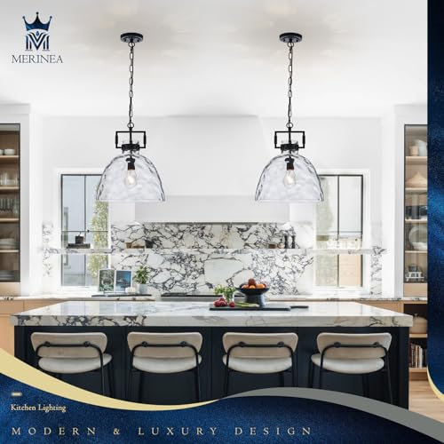 Glass Pendant Light, 13.8 Inch Single Hanging Ceiling Light with Adjustable Chain, E26 Base Oversized Hammered Clear Glass Kitchen Island Pendant Lighting in Matte Black for Dining Room, Entryway - color: Large Black