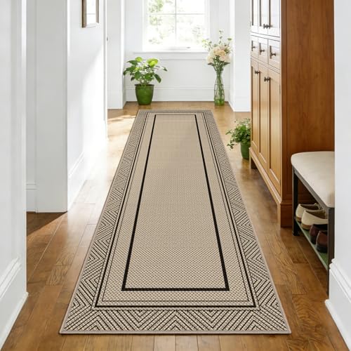 Capslpad 2x8 Hallway Outdoor Rug, Easy Jute Geometry Line Entryway Rug, Farmhouse Washable Non-Slip Rubber Backing, Stain Resistant Low Pile Runners for Hallways, Kitchen, Bedroom, Laundry, Black - color: Black, size: 2' x 8' (Rectangular)