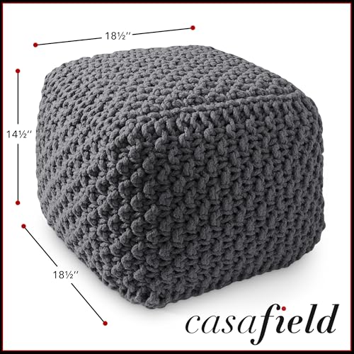 Casafield Square Pouf Ottoman, Dark Gray 18.5" W x 18.5" D x 14.5" H Cotton Knit Foot Stool - Boho Floor Pouffe for Living Room, Bedroom, Home Office - color: Grey, size: 18.5"D x 18.5"W x 14.5"H