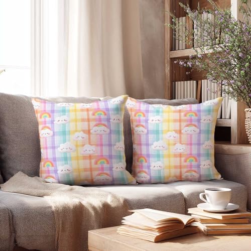 Rainbow Cloud Throw Pillow Covers 18x18 Set of 2 | Cute Pastel Cushion Cases for Couch Sofa Bed | Kawaii Decorative Pillowcases for Girls Nursery Room Decor - color: Rainbow Cloud
