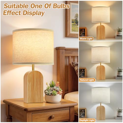 EJIAXIN Table Lamp for Bedroom Set of 2-19" Wood Farmhouse Bedside Lamp with Adjustable Color Temperatures - Modern Rustic Linen Lampshade Nightstand Lamps for Living Room Office, Bulbs Included - color: Burlywood