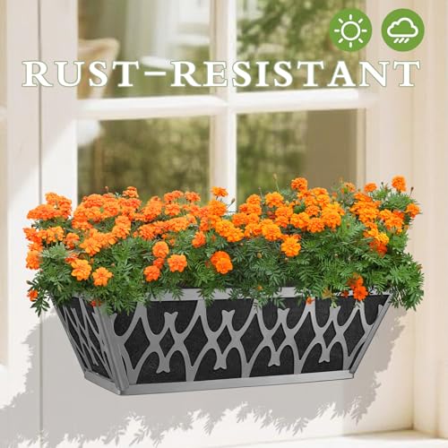 4 Pack 16 Inch Window Boxes Planters Railing Planter Box with Adjustable Brackets & Non-Woven Fabric Plant Grow Bags Deck Railing Planter Boxes Balcony Hanging Flower Box for Outdoor Plants - color: 4 Pack-grey, size: 16 Inch