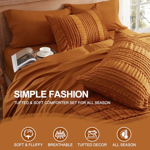 Burnt Orange Tufted Textured Comforter Set Queen Size, 7 Piece Bed in a Bag，Shabby Chic Boho Bedding for Bedroom Comforter，All Season Soft Microfiber Ruffle Comforter Set with Pillow and Sheets - color: Burnt-orange, size: Queen
