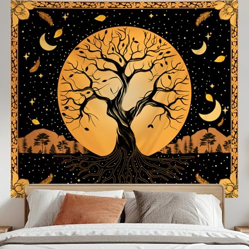 Tichgeim Tree of Life Tapestry for Bedroom Aesthetic, Orange Moon and Tree Nature Spiritual Wall Hanging, Vintage Celtic and Nordic Wall Tapestry for Living Room Decor 51in × 60in - color: Orange Tree Tapestry, size: 60"L x 51"W