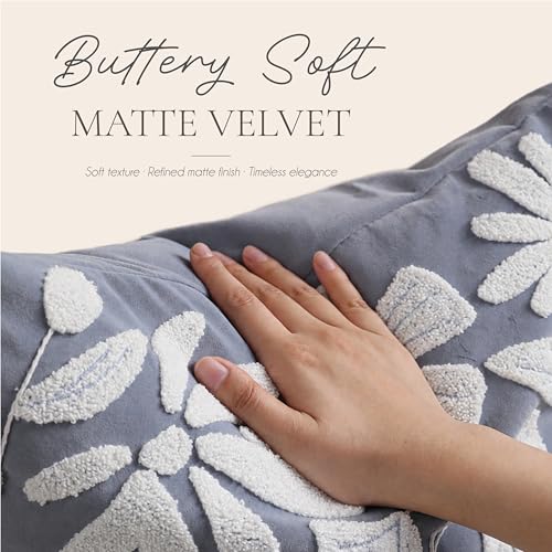 BlissBlush Decorative Lumbar Pillow Cover 12x20, Dusty Blue Accent Velvet Throw Pillowcase for Couch Sofa Living Room, Floral Tufted Rectangular Cushion, Cover Only - color: Dusty Blue, size: 20" x 12" (Pack of 1)