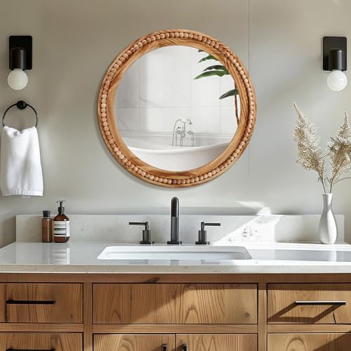 ULIKE Round Wood Mirror with Natural Wooden Bead Frame, 30 Inch Rustic Farmhouse Wall Mirror for Bathroom Nursery Bedroom Living Room Brown, Brown - color: Brown Round, size: 30"L x 30"W