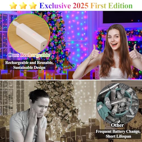 66FT(33 * 2) Multicolor Fairy Lights Battery Operated, 100 LED Twinkle Lights with Timer, Rechargeable String Lights for Bedroom, Christmas Decorations, Wedding, Centerpiece Table Decor Multicolor - color: Multicolor, size: 66FT(33FT*2)