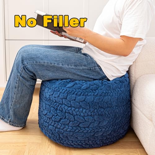 Poofieotto Unstuffed Ottoman Pouf Cover – Round Faux Fur Footstool Plush Floor Pouf (No Filler Included) Perfect for Living Room, Bedroom, or Office Lounge (Navy Blue, 20x20x15 in) - color: Navy Blue, size: 20"D x 20"W x 15"H
