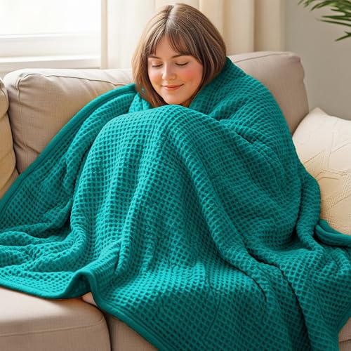 THREAD SPREAD 100% Cotton Waffle Twin Size Blanket for Bed - Soft Lightweight Breathable Waffle Weave Twin Blanket for All Season, Textured Throw Blankets for Bed, Sofa, Hotel, Hospital - Teal - color: Waffle - Teal, size: Twin / Twin XL