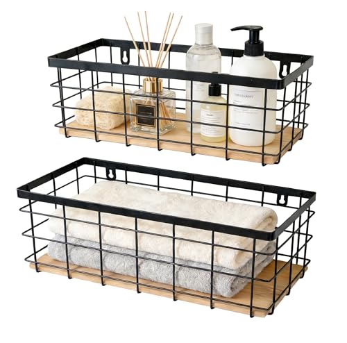 ShabbyDecor Metal Wire Basket Detachable Wood Base Storage Organizer Farmhouse Hanging Basket for Kitchen Cabinets, Bathroom, Pantry, Laundry Room Set of 2,Black Color - color: Black, size: Medium&Large