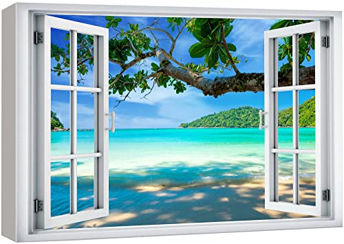 wall26 Canvas Print Wall Art Window View Tropical Island Beach Paradise Vacation Wilderness Nature Photography Realism Scenic Landscape Colorful Multicolor for Living Room, Bedroom, Office - 12"x18" - color: A40-2204-slm08, size: 18"L x 12"W