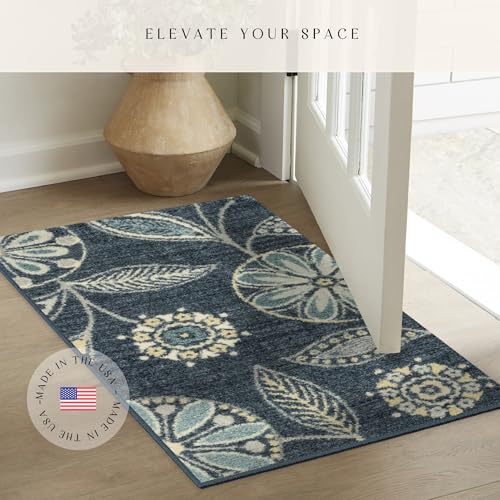 Maples Rugs Reggie Floral Kitchen Rug - Made in USA - Washable, Non Slip Indoor Carpet for Entryway, Foyer, Kitchen, and Bathroom, 1'8 x 2'10, Persian Blue - color: Blue, size: 1'8" x 2'10" (Rectangular)