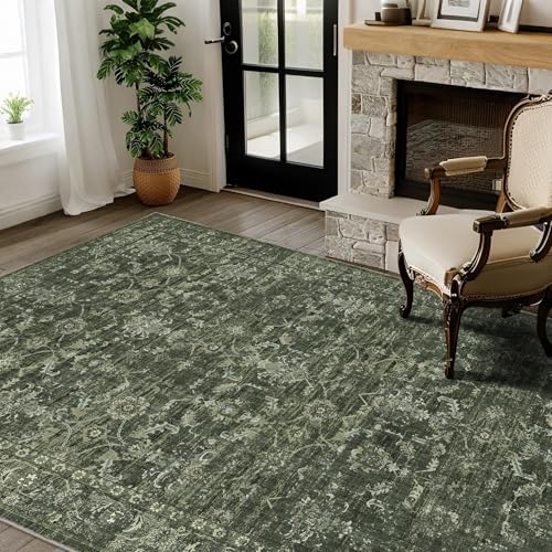 3x5 Washable Area Rugs for Living Room, Vintage Boho Large Rug for Bedroom Dining Room Office, Distressed Floral Print Carpet for Under Table, Soft Non Slip Low Pile Throw Carpet Indoor Mat, Green - color: Dark Green, size: 3' x 5' (Rectangular)