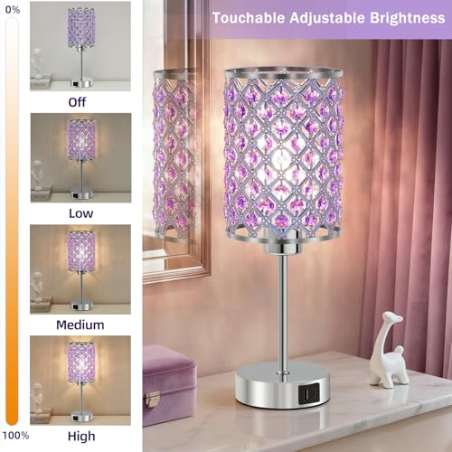 GyroVu Purple Crystal Table Lamp with USB C+A Ports, Dimmable Touch Control Bedside Lamp with LED Bulb, Small Night Light for Bedroom, Living Room, Girls Room, Office - color: Purple-1, size: 14.75"