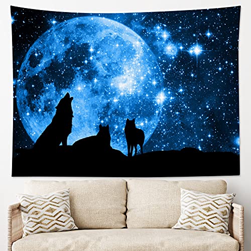 HVEST Wolf Tapestry Wall Hanging Full Moon in Blue Space Tapestries Wild Animal Wolves Wall Decor Blanket for Kids Bedroom Living Room Dorm Party, 60Wx40H Inches - color: Blue, size: 40"L x 60"W