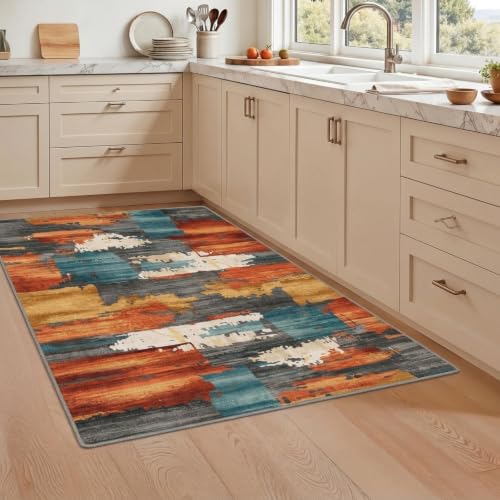 3x5 Area Rug for Living Room,Modern Abstract Burnt Orange Rug,Terracotta and Teal Brushstroke,Washable Rug,Non Slip, for Entryway, Kitchen, Laundry Room, Bathroom - color: Burn Orange, size: 3' x 5' (Rectangular)