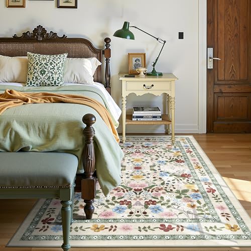 Floral Area Rugs 4x6 Washable Living Room Bedroom Carpet - Vintage Boho Thin Non-Slip Soft Low Pile Floor Mat Indoor Home Decor for Dining Room Playroom Farmhouse, Beige/Green/Multi - color: Beige/Green/Multi, size: 4' x 6' (Rectangular)