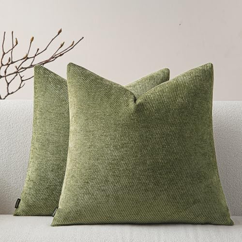 a moment Pack of 2 Decorative Chenille Throw Pillow Covers with Twill Cushion Covers for Sofa Living Room Couch Bed 16x16 Inch Moss Green - color: Moss Green, size: 16" x 16" (Pack of 2)