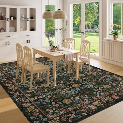 DUKINO 8x10 Area Rugs for Living Room, Vintage Floral Washable Rug with Non Slip Backing, Soft Low Pile & Non-Shedding Large Carpets for Bedroom, Farmhouse, Dining Room, Home Office, Black - color: Black, size: 8' x 10' (Rectangular)