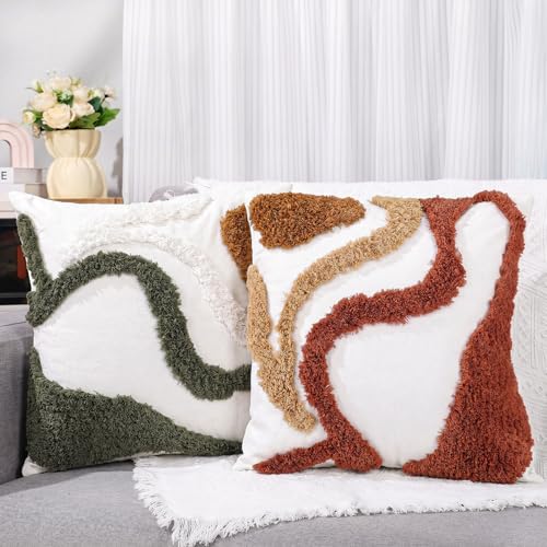 Booson Set of 2 Boho Decorative Throw Pillow Covers 18x18 Inch Tufting Couch Square Mid Century Textured Pillowcases Modern Cushion for Bedroom Sofa Farmhouse Decor