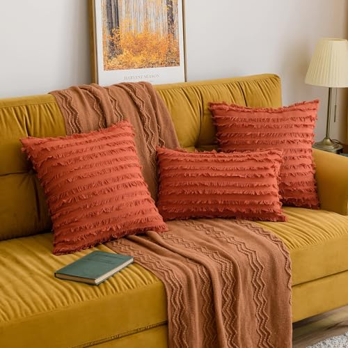 MIULEE Set of 2 Fall Decorative Boho Throw Pillow Covers Linen Striped Jacquard Pattern Cushion Covers for Sofa Couch Living Room Bedroom 16x16 Inch Burnt Orange - color: Burnt Orange, size: 16" x 16" (Pack of 2)