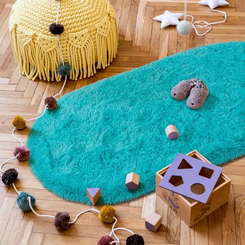 Goideal Fluffy Bedroom Rug, Small Oval Area Rugs, Teal Shag Bedside Carpet for Kids Room Nursery Dorm Cute Fuzzy Indoor Decor for Boy and Girl, 2.6 x 5.3 Feet - color: Teal