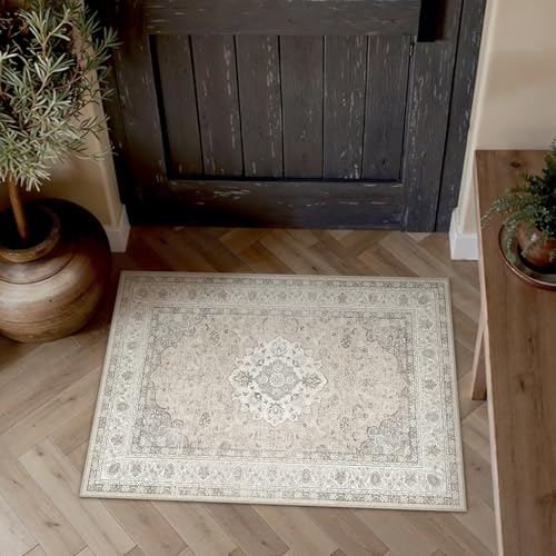 2x3 Neutral Washable Vintage Runner Rug for Living Room Bedroom Beige Brown Soft Non Slip Thin Throw Rug Lightweight Floral Low Pile Distressed Carpet Doormat Kitchen Entrance Hallway Laundry - color: Vintage | Beige Brown, size: 2'x3'