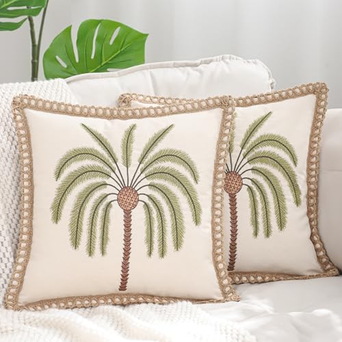 LUOYEHK Palm Tree Pillow Covers 18X18 Inch Set of 2 Tropical Plant Throw Pillow Covers with Jute Rope Summer Embroidered Pillowcase Square Decorative Cushion Covers for Couch Sofa Bed Home Decor - color: Green Palm Tree