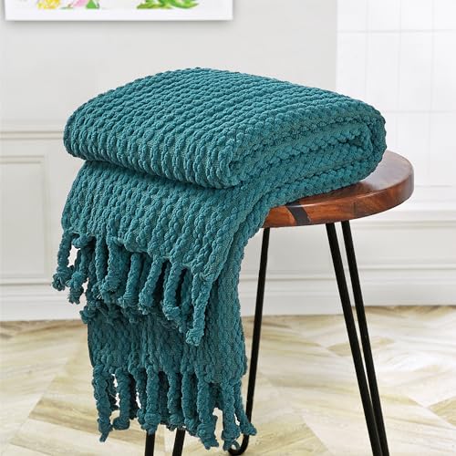 Striped Knit Throw Blanket with Braided Tassels 50" x 60", Hand Knitted Soft Chunky Chain Design Boho Farmhouse Blanket, Solid Color Tassel Decor Throw for Couch Bed Sofa Outdoor, Dark Teal - color: Dark Teal