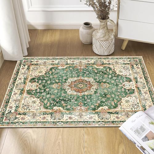 Small Rugs 2'x3',Green Rug for Entryway Bathroom Kitchen Entrance Doormat,Boho Vintage Bohemian Distressed Washable Accent Indoor Mat Floor Throw Carpet Non Slip,Retro Sage Floral - color: Green, size: 2'x3'