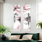 seewan 2 Pack Long Vertical Wall Tapestry, Boho Nature Landscape & Floral Aesthetic Wall Hanging for Bedroom Living Room Home Decor, Long Narrow Art Tapestry with Sunrise Mountain Botanical Designs, 13" × 51" (Blossom Ink Landscape, 13"Wx51"H, Unframed) -