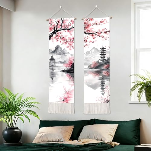 seewan 2 Pack Long Vertical Wall Tapestry, Boho Nature Landscape & Floral Aesthetic Wall Hanging for Bedroom Living Room Home Decor, Long Narrow Art Tapestry with Sunrise Mountain Botanical Designs, 13" × 51" (Blossom Ink Landscape, 13"Wx51"H, Unframed) -