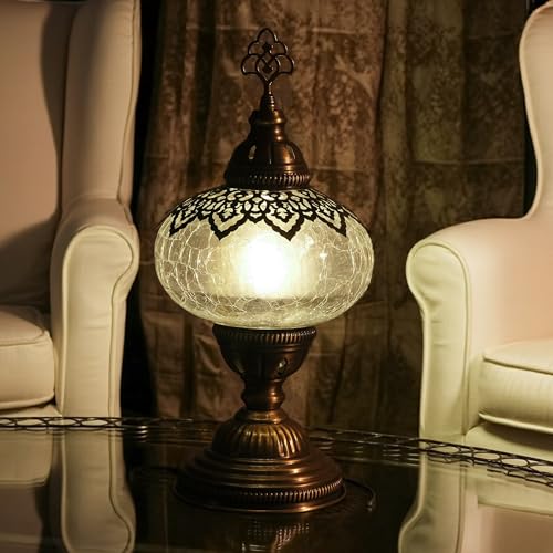 Cracked Clear Moroccan Mosaic Table Lamp – Handmade Turkish Glass, Light Bulb Included, Boho Chic Bedside & Living Room Accent - color: Crack Clear-69